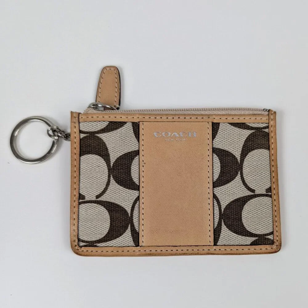 Coach | Tan Multicolor Signature Canvas Leather Wristlet ID Holder Keychain
